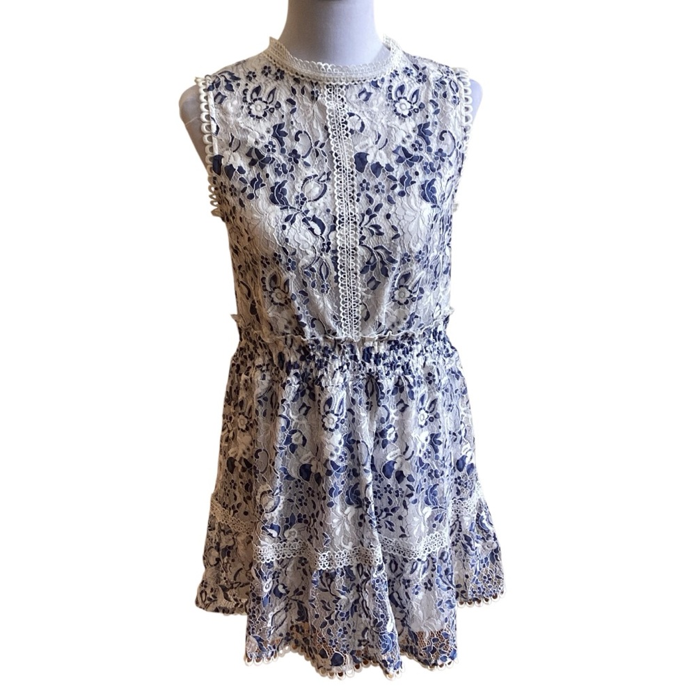 Floral Lace Sleeveless Dress - Blue and White